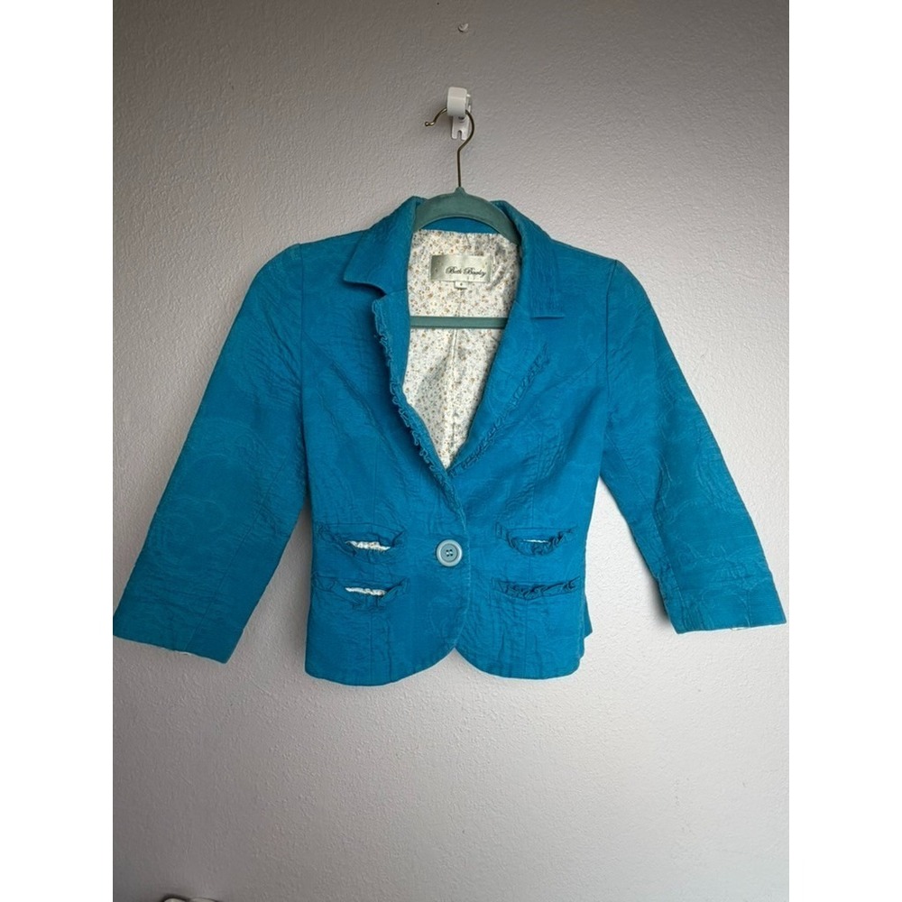 Beth Bowley Anthropologie Jacket Womens Size 4 Teal Ruffled Textured Shabby Chic